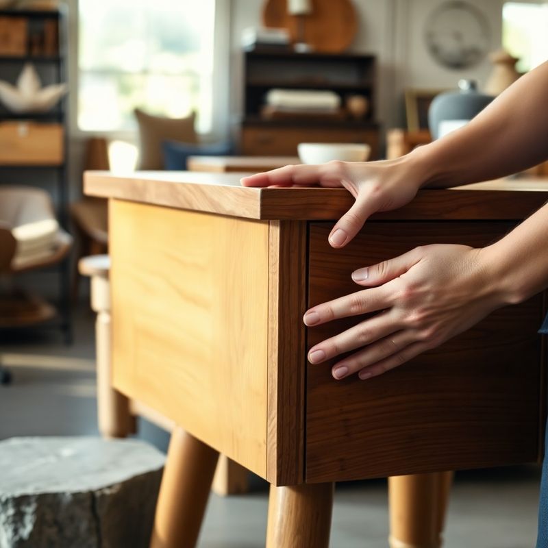 Hands evaluating a solid-wood side table at a thrift store