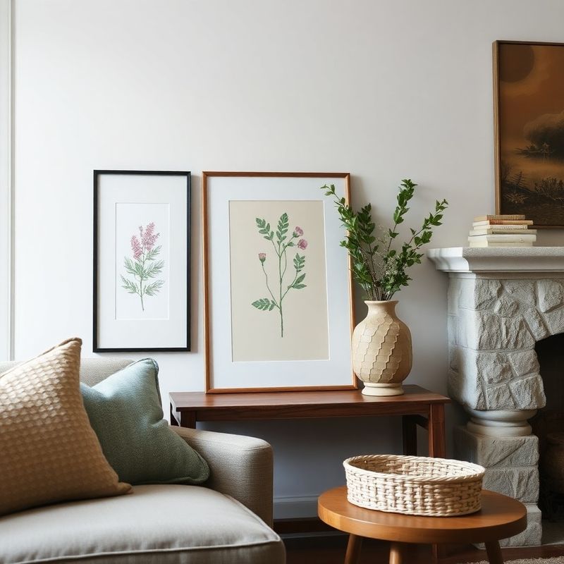 Curated living room vignette with thrift-store frame and ceramic vessel