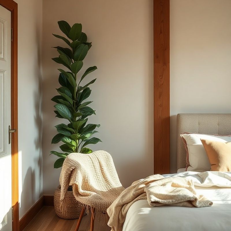 Bedroom corner with a tall plant used as a feng shui divider in soft natural light
