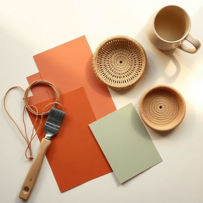 Flat-lay of decorating tools and terracotta paint swatches on cream surface