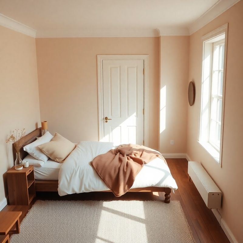 Serene decluttered bedroom in terracotta-cream palette with soft natural morning light