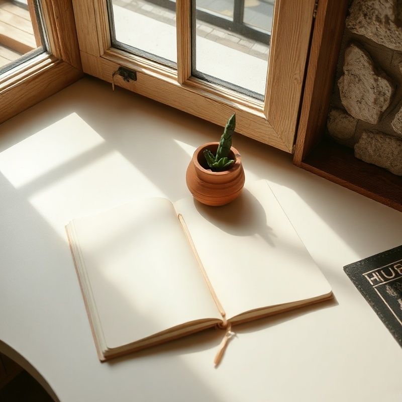 Flat-lay of a notebook on a cream desk with a terracotta pen holder