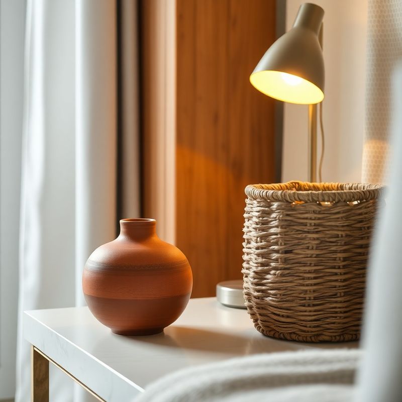 Styled side table with terracotta ceramic vessel and warm lamp light